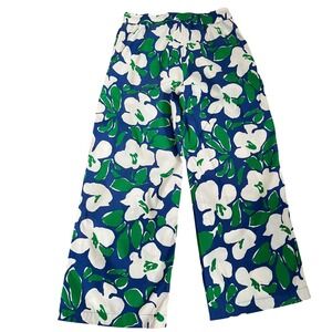Resort Wide Leg Trousers Floral Blue Green Cotton Maxi Print Pants Women L